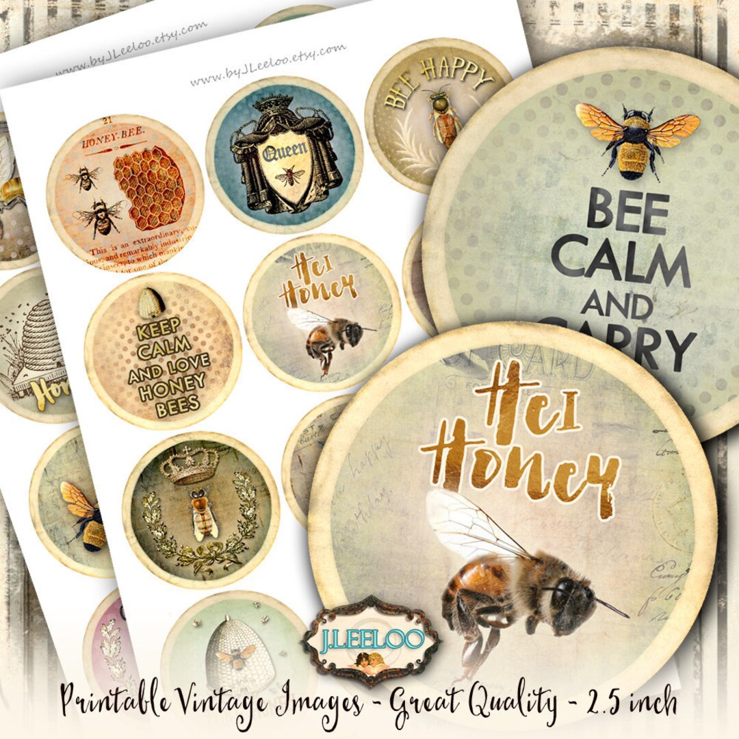 Honey Bee Cupcake toppers 2 inch circles digital collage sheet