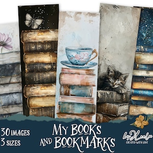 MEINE BÜCHER und LESEZEICHEN Aquarell Bücherstapel auf romantischem Pastellpapier | Scrapbooking Tag Ephemera Junk Journal | digitale collage |pp768