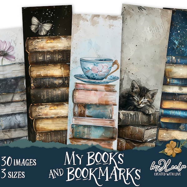 MY BOOKS and BOOKMARKS watercolor Stack of books and romantic pastel paper | Scrapbooking tag ephemera junk journal | digital collage |pp768