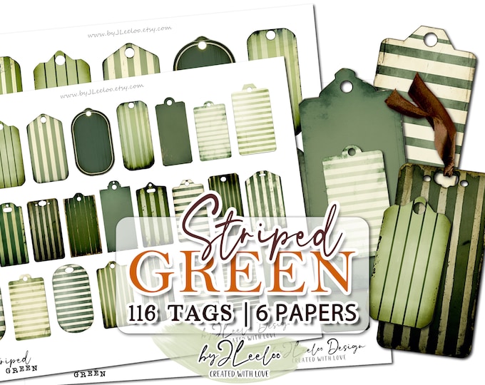 STRIPED GREEN tags supplies | 116 grungy tags ephemera junk journal Christmas | industrial label steampunk images digital collage | tl269