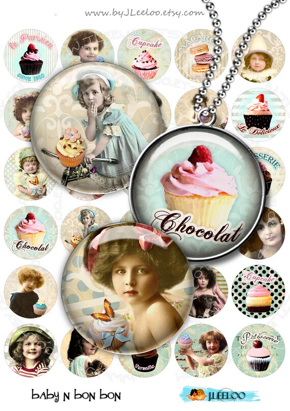 Digital collage BABY n BON BON 1.5 inch circle cupcake vintage children photo magnet scrap jewellery pendant instant download tn461