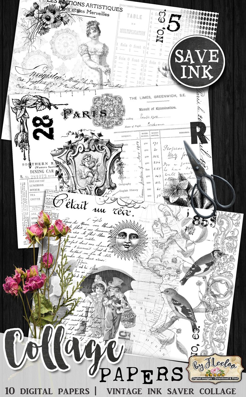 COLLAGE PAPERS Ink Saver Black White Ephemera Printable Junk Journal ...