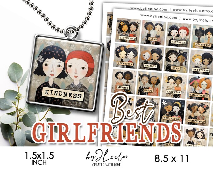 BEST GIRLFRIENDS 1.5x1.5 inch printable illustration | supplies square pendants, bezel trays, glass cabochon mountings, cameo settings qu587