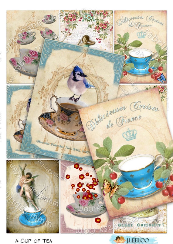 A CUP OF TEA printable Digital collage sheet atc size  instant download background vintage paper ac101