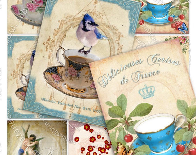 A CUP OF TEA printable Digital collage sheet atc size  instant download background vintage paper ac101