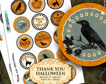 Digital collage sheet THANK YOU HALLOWEEN 2 inch circle raven cat owl magnet pendant and craft instant download printable tn152