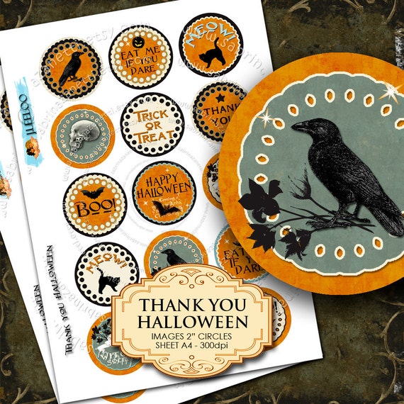 Digital collage sheet THANK YOU HALLOWEEN 2 inch circle raven cat owl magnet pendant and craft instant download printable tn152