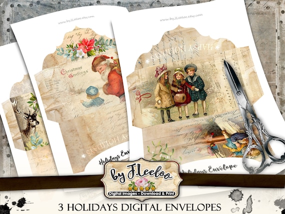HOLIDAYS ENVELOPES invitation Christmas cards Shabby Digital collage sheet scrapbook hobby diy vintage instant download pp471