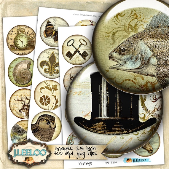 Digital printable sheet VINTAGE images 2.5 inch circle sheets for magnets pendants charms bottlecup pins craft instant download tn472