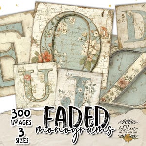 May include: A collection of vintage-style monogram images featuring the letters E, O, U, T, D, and Z. Each letter is adorned with floral designs and set against a distressed, light blue background. The words "Faded monograms" are displayed in a decorative font.