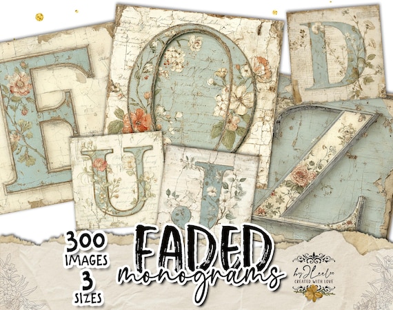 FADED MONOGRAMS – Vintage Botanical Alphabet Letters, Shabby Chic Initials for Junk Journal & Scrapbooking | qu640