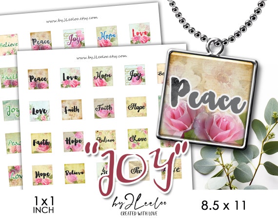 JOY 1x1 inch square digital pendant printable | Romantic french collage sheet faith believe peace love | Charm stickers journal DIY | qu603