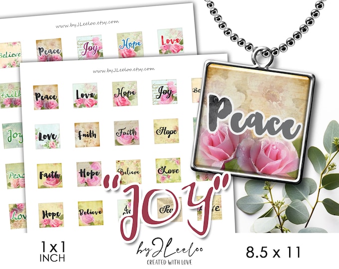 JOY 1x1 inch square digital pendant printable | Romantic french collage sheet faith believe peace love | Charm stickers journal DIY | qu603