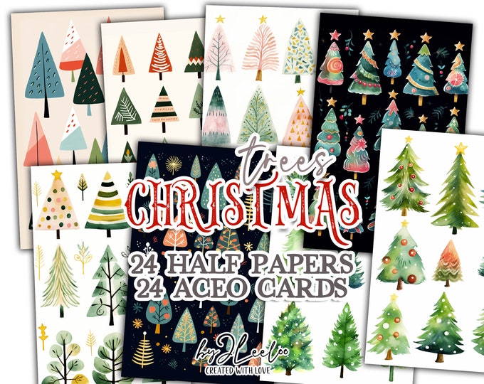 CHRISTMAS TREES folk half naive pages printable | junk journal Mixed Media | card making Holidays supplies card making stationery | pp659