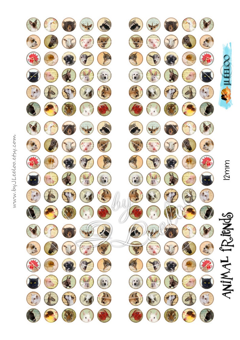 ANIMAL FRIENDS images Digital printable 12 16 20mm circle | Etsy