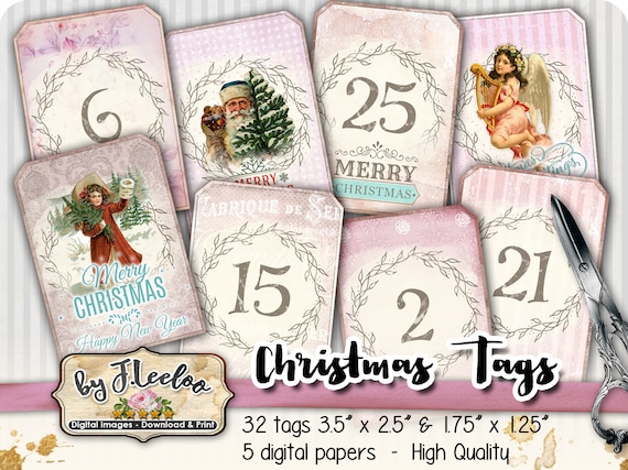 CHRISTMAS tags printable vintage calendar daily countdown ephemera scrapbook download gift Santa instant download tl222