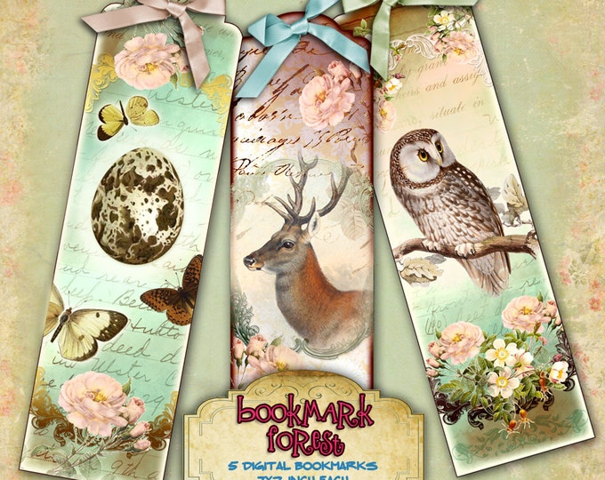 BOOKMARK FOREST printable bookmarks deer owl nature images instant download Digital collage sheet background paper victorian- bm101