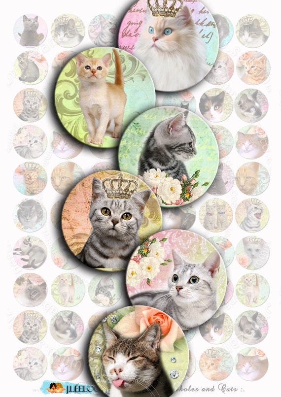 Digital collage sheet PORTHOLES and CATS 1 inch circle puppies pets vintage romantic for pendant craft instant download printable tn145