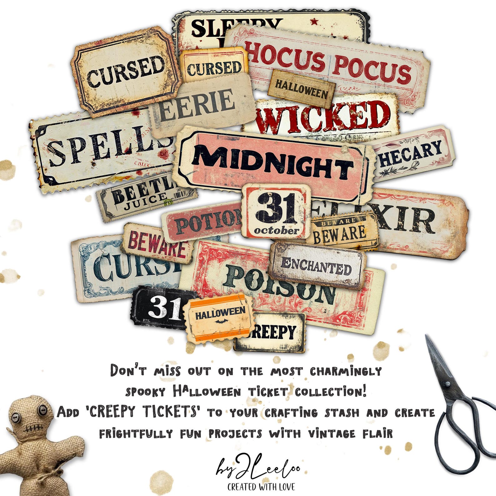 CREEPY TICKETS Printable Scary Halloween | Word Labels Vintage Stickers ...