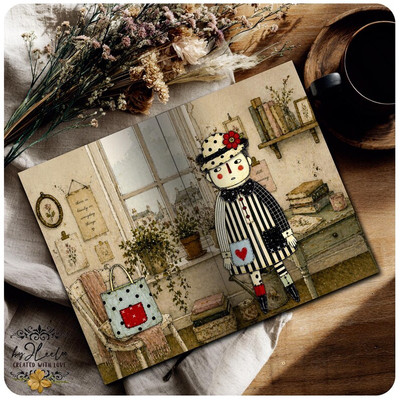 Puede incluir: Ilustraci&oacute;n caprichosa con una figura de mu&ntilde;eca con un atuendo a rayas y un sombrero de lunares, ambientada en una acogedora habitaci&oacute;n con vistas a una ventana. La obra de arte incluye un bolso de mano, una silla y elementos decorativos, con el texto "by Heelco" en la parte inferior.