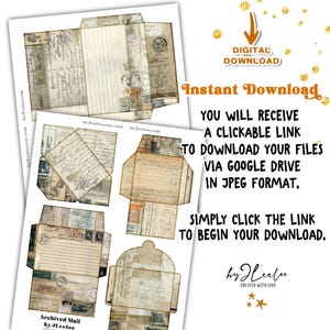 May include: Digital download of vintage-style envelope templates. The templates feature aged paper textures, handwritten script, and postage stamp designs. The text on the image says "Archived Mail" and "Instant Download".