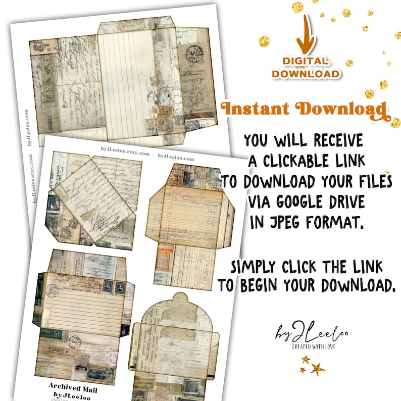 May include: Digital download of vintage-style envelope templates. The templates feature aged paper textures, handwritten script, and postage stamp designs. The text on the image says "Archived Mail" and "Instant Download".