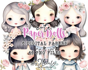 CUTE PAPER DOLLS printable pastel kit junk journal cut off | Dolls journaling supplies Collage Invitation | fussy cut doll digital | pp631