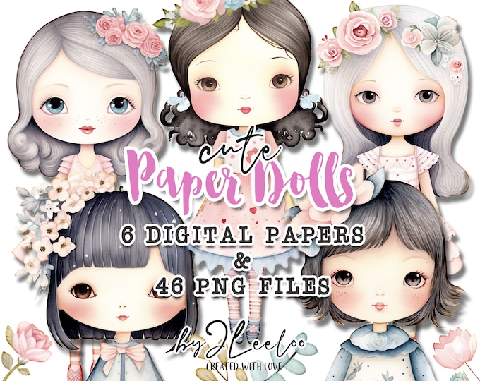 CUTE PAPER DOLLS printable pastel kit junk journal cut off | Dolls journaling supplies Collage Invitation | fussy cut doll digital | pp631