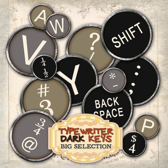 Digital collage TYPEWRITER DARK KEYS 1 inch half inch circle vintage images for pendant alphas magnet instant download printable tn189