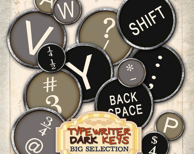 Digital collage TYPEWRITER DARK KEYS 1 inch half inch circle vintage images for pendant alphas magnet instant download printable tn189