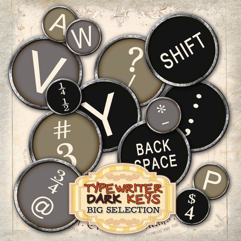 Digital collage TYPEWRITER DARK KEYS 1 inch half inch circle vintage images for pendant alphas magnet instant download printable tn189