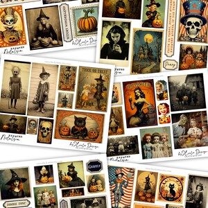 Puede incluir: Una colecci&oacute;n de papeles digitales con ilustraciones vintage de Halloween. Los papeles incluyen im&aacute;genes de brujas, esqueletos, calabazas y otros personajes espeluznantes. Los papeles son perfectos para crear manualidades, tarjetas y decoraciones de Halloween.
