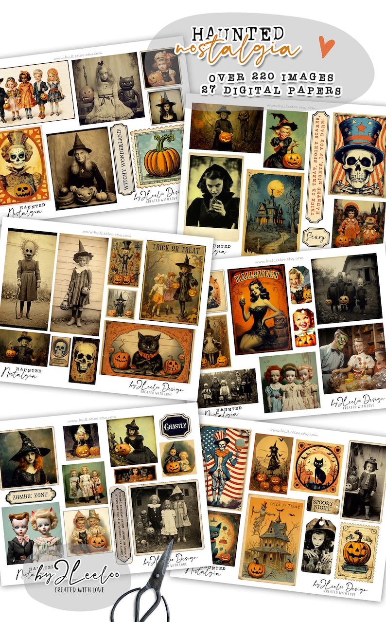 Puede incluir: Una colecci&oacute;n de papeles digitales con ilustraciones vintage de Halloween. Los papeles incluyen im&aacute;genes de brujas, esqueletos, calabazas y otros personajes espeluznantes. Los papeles son perfectos para crear manualidades, tarjetas y decoraciones de Halloween.
