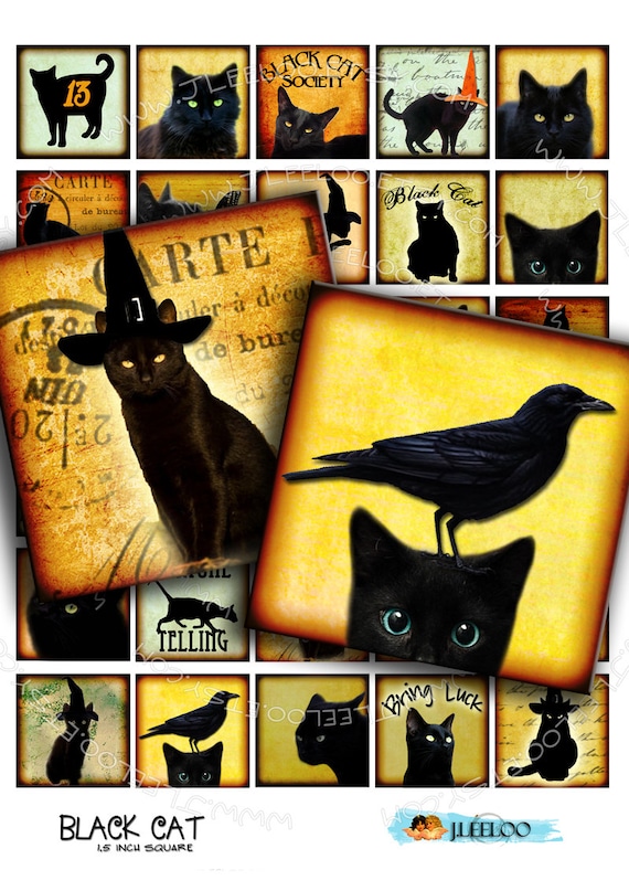 Digital download BLACK CATS 1.5 inch square  scary halloween witches hang tags sticker jewelry holder instant download printable qu278
