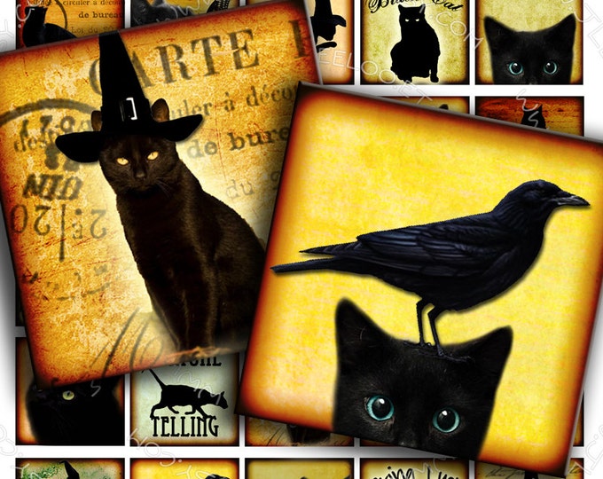 Digital download BLACK CATS 1.5 inch square  scary halloween witches hang tags sticker jewelry holder instant download printable qu278