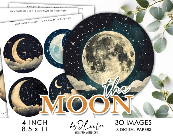 THE MOON 4 inch circle printable | Mystical round supplies for coaster decoration mirror magnet sticker | craft instant download DIY | tn739