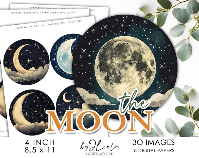 THE MOON 4 inch circle printable | Mystical round supplies for coaster decoration mirror magnet sticker | craft instant download DIY | tn739