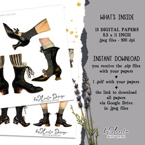 May include: Thirteen digital papers featuring illustrations of black and white boots with polka dot patterns. The papers are 8.5 inches by 11 inches and 300 dpi. The papers are available for instant download as a zip file, a PDF, and a Google Drive link.