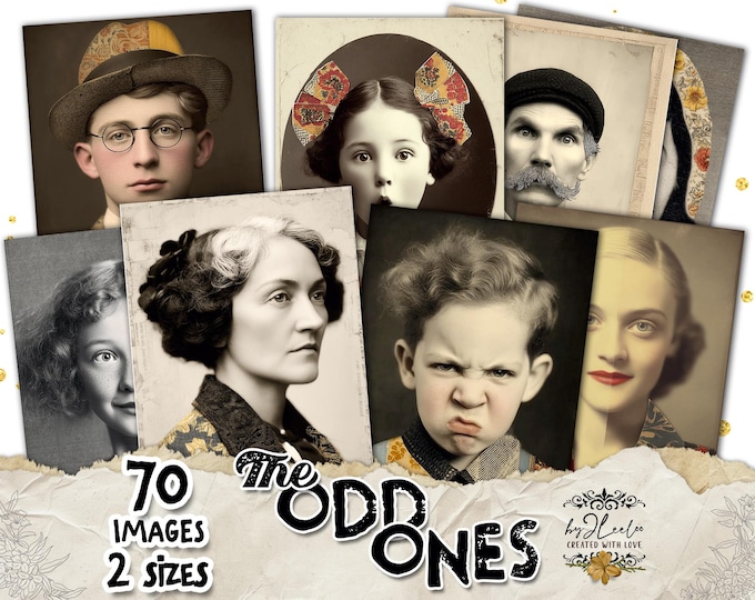 The ODD ONES – 140 Quirky Vintage Portraits for Junk Journal, Collage & Scrapbooking – Large and Mini Sizes Printable Digital Sheets | cp040