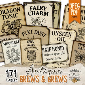 May include: A collection of antique-style labels with various fantasy-themed names like "Dragon Tonic," "Fairy Charm," and "Pixie Dust." The labels feature illustrations of a dragon, fairy, and owl, with text such as "Unseen Oil" and "Spirit Balm."