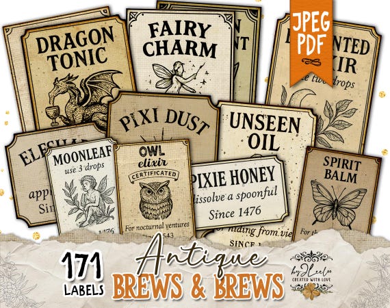 Antique BREWS and BREWS Witchy Potion Labels – 171 Printable Ephemera for Junk Journal & Halloween Crafts – Vintage Elixirs Remedies | tl329