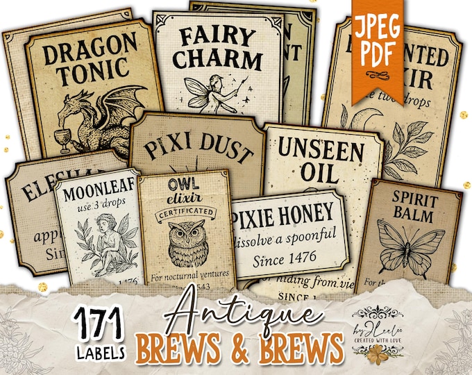 Antique BREWS and BREWS Witchy Potion Labels – 171 Printable Ephemera for Junk Journal & Halloween Crafts – Vintage Elixirs Remedies | tl329