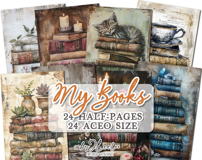 MY BOOKS half pages printable | Vintage junk journal Mixed Media supplies | Scrapbooking Aceo paper card making collage diary CU | pp769
