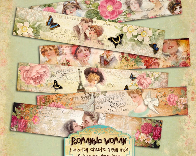 ROMANTIC WOMAN banner french images bracelet printable Digital collage sheet instant download background paper victorian- pp235