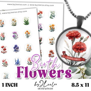 Pendentif imprimable FLEURS DE NAISSANCE de 2,5 cm | Sticker rond cabochon rond fleur du mois de naissance | Téléchargement numérique | tn809