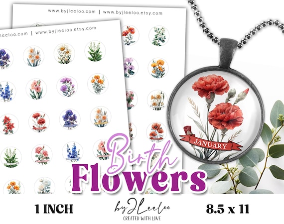BIRTH FLOWERS 1 inch printable pendant | Circle Birth Month Flower round cabochon necklace sticker | Fussy cut digital download | tn809