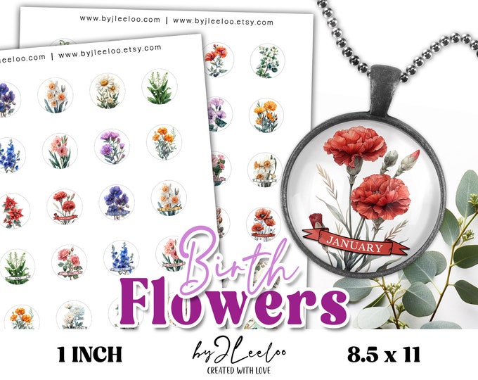 BIRTH FLOWERS 1 inch printable pendant | Circle Birth Month Flower round cabochon necklace sticker | Fussy cut digital download | tn809