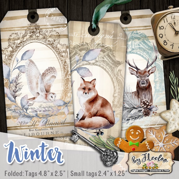 WINTER tags for holidays gift junk journal diary crafting vintage Christmas romantic fox deer owl printable instant download tl229