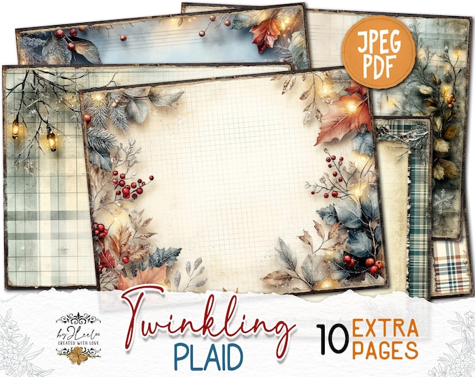 TWINKLING PLAID 10 Extra Pages Junk Journal printable | Holidays season Collage Kit scrapbook vintage ephemera | Digital art CU | pp885