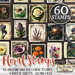 K&ouml;nnte beinhalten: Ein digitaler Download von 60 Vintage-Blumenmarken. Die Briefmarken sind in einem Raster auf einem Holzgrund angeordnet. Die Briefmarken zeigen eine Vielzahl von Blumen, darunter Rosen, Lilien und G&auml;nsebl&uuml;mchen. Der Text "60 AMAZING VINTAGE FLORAL STAMPS" und "2 DIGITAL SHEETS + 60 PNG FILES" befindet sich am unteren Rand des Bildes.